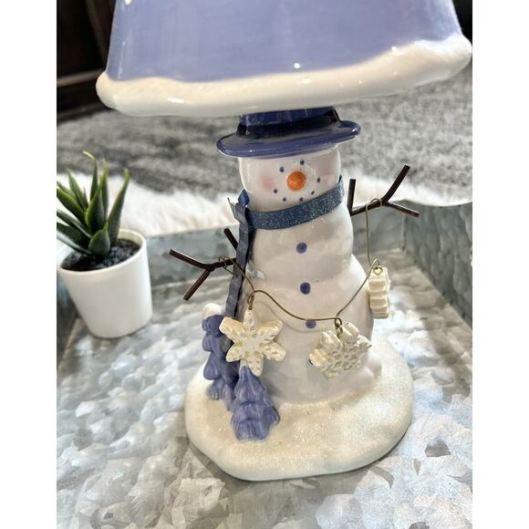 Snowman Ceramic Votive Tea Light Candle Holder Winter Snowflakes Blue White 10” - Picture 4 of 5